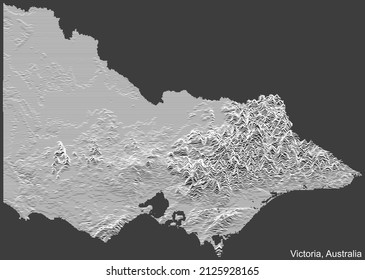 Topographic negative relief map of the Australian state of VICTORIA, AUSTRALIA with white contour lines on dark gray background