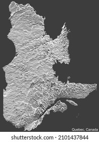 Topographic negative relief map of the Canadian province of QUEBEC, CANADA with white contour lines on dark gray background