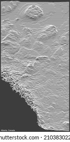 Topographic negative relief map of the Canadian province of ALBERTA, CANADA with white contour lines on dark gray background