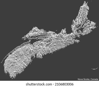 Topographic negative relief map of the Canadian province of NOVA SCOTIA, CANADA with white contour lines on dark gray background