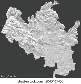 Topographic negative relief map of the city of Brno, Czech Republic with white contour lines on dark gray background