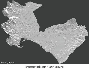 Topographic negative relief map of the city of Palma, Spain with white contour lines on dark gray background