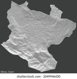 Topographic negative relief map of the city of Bilbao, Spain with white contour lines on dark gray background