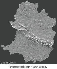 Topographic negative relief map of the city of Bielefeld, Germany with white contour lines on dark gray background