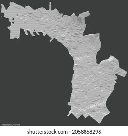 Topographic negative relief map of the city of Thessaloniki, Greece with white contour lines on dark gray background