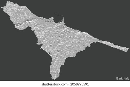 Mapa topográfico negativo de alivio de la ciudad de Bari, Italia con líneas de contorno blanco sobre fondo gris oscuro