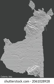 Mapa de relieve topográfico negativo de la ciudad de Catania, Italia con líneas de contorno blanco sobre fondo gris oscuro