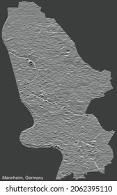 Topographic negative relief map of the city of Mannheim, Germany with white contour lines on dark gray background
