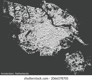 Topographic negative relief map of the city of Amsterdam, Netherlands with white contour lines on dark gray background