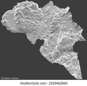 Topographic negative relief map of the city of TRONDHEIM, NORWAY with white contour lines on dark gray background