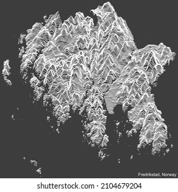 Topographic negative relief map of the city of FREDRIKSTAD, NORWAY with white contour lines on dark gray background