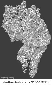 Topographic negative relief map of the city of SARPSBORG, NORWAY with white contour lines on dark gray background