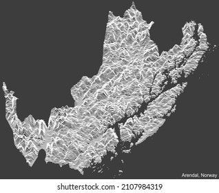 Topographic negative relief map of the city of ARENDAL, NORWAY with white contour lines on dark gray background
