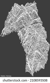 Topographic negative relief map of the city of HALDEN, NORWAY with white contour lines on dark gray background