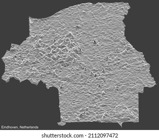 Topographic negative relief map of the city of EINDHOVEN, NETHERLANDS with white contour lines on dark gray background