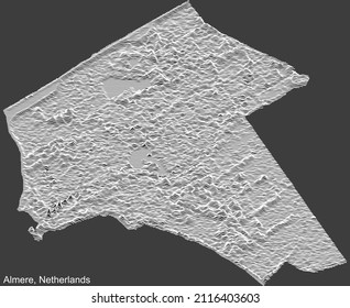 Topographic negative relief map of the city of ALMERE, NETHERLANDS with white contour lines on dark gray background