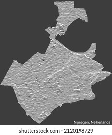 Mapa de relieve topográfico negativo de la ciudad de NIJMEGEN, PAÍSES BAJOS con líneas de contorno blanco sobre fondo gris oscuro