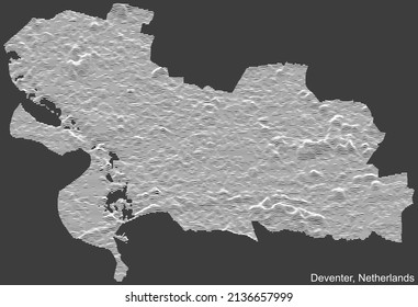 Topographic negative relief map of the city of DEVENTER, NETHERLANDS with white contour lines on dark gray background