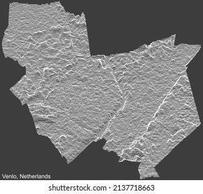 Topografische negative Reliefkarte der Stadt VENLO, NIEDERLANDE mit weißen Konturlinien auf dunkelgrauem Hintergrund