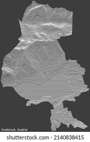 Topographic negative relief map of the city of INNSBRUCK, AUSTRIA with white contour lines on dark gray background