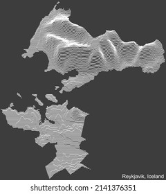 Topografische negative Reliefkarte der Stadt REYKJAVIK, ISLAND mit weißen Konturlinien auf dunkelgrauem Hintergrund