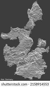 Topographic negative relief map of the city of KIEL, GERMANY with white contour lines on dark gray background