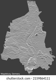 Topographic negative relief map of the city of MAGDEBURG, GERMANY with white contour lines on dark gray background