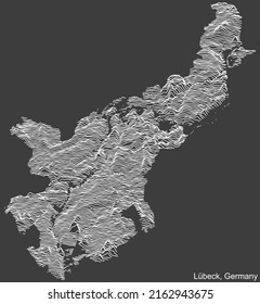 Topographic negative relief map of the city of LÜBECK, GERMANY with white contour lines on dark gray background