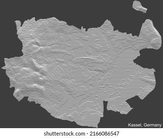 Topografische negative Reliefkarte der Stadt KASSEL, DEUTSCHLAND mit weißen Konturlinien auf dunkelgrauem Hintergrund