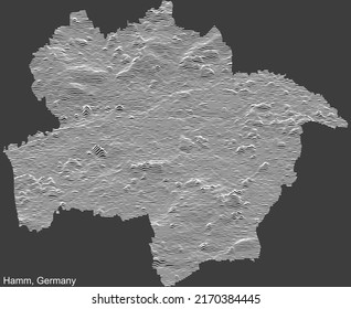 Topographic negative relief map of the city of HAMM, GERMANY with white contour lines on dark gray background