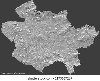 Mapa de relieve topográfico negativo de la ciudad de OSNABRÜCK, ALEMANIA con líneas de contorno blanco sobre fondo gris oscuro