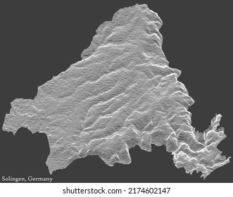 Topographic negative relief map of the city of SOLINGEN, GERMANY with white contour lines on dark gray background