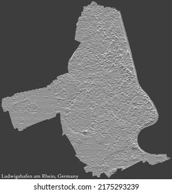 Topographic negative relief map of the city of LUDWIGSHAFEN AM RHEIN, GERMANY with white contour lines on dark gray background