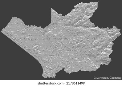 Topographic negative relief map of the city of LEVERKUSEN, GERMANY with white contour lines on dark gray background