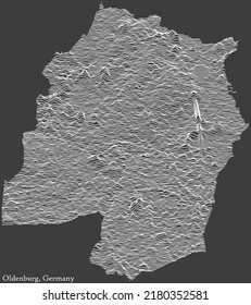 Topographic negative relief map of the city of OLDENBURG, GERMANY with white contour lines on dark gray background