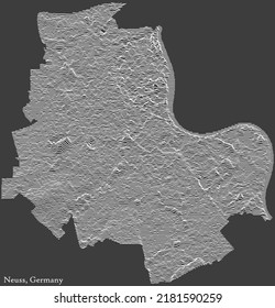 Topografische negative Reliefkarte der Stadt NEUSS, DEUTSCHLAND mit weißen Konturlinien auf dunkelgrauem Hintergrund