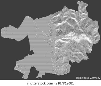 Topografische negative Reliefkarte der Stadt HEIDELBERG, DEUTSCHLAND mit weißen Konturlinien auf dunkelgrauem Hintergrund