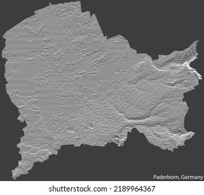 Topographic negative relief map of the city of PADERBORN, GERMANY with white contour lines on dark gray background