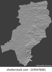 Topographic negative relief map of the city of DARMSTADT, GERMANY with white contour lines on dark gray background
