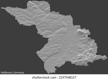 Mapa de relieve topográfico negativo de la ciudad de HEILBRONN, ALEMANIA con líneas de contorno blanco sobre fondo gris oscuro