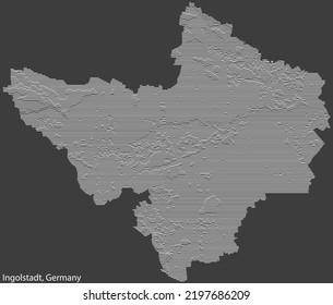 Topografische negative Reliefkarte der Stadt INGOLSTADT, DEUTSCHLAND mit weißen Konturlinien auf dunkelgrauem Hintergrund