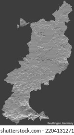 Topographic negative relief map of the city of REUTLINGEN, GERMANY with white contour lines on dark gray background