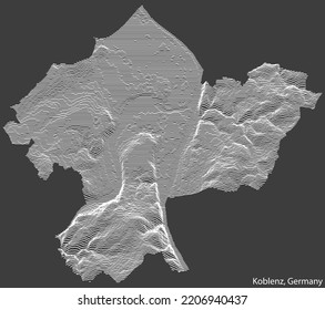 Mapa de relieve topográfico negativo de la ciudad de KOBLENZ, ALEMANIA con líneas de contorno blanco sobre fondo gris oscuro