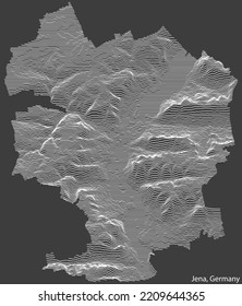 Topografische negative Reliefkarte der Stadt JENA, DEUTSCHLAND mit weißen Konturlinien auf dunkelgrauem Hintergrund
