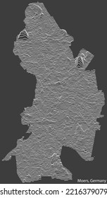 Topographic negative relief map of the city of MOERS, GERMANY with white contour lines on dark gray background