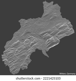 Topographic negative relief map of the city of WITTEN, GERMANY with white contour lines on dark gray background