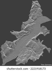 Topographic negative relief map of the city of TRIER, GERMANY with white contour lines on dark gray background