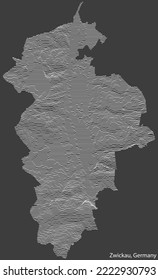 Mapa de relieve topográfico negativo de la ciudad de ZWICKAU, ALEMANIA con líneas de contorno blanco sobre fondo gris oscuro