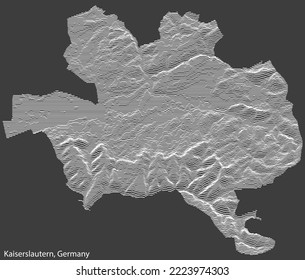 Topographic negative relief map of the city of KAISERSLAUTERN, GERMANY with white contour lines on dark gray background