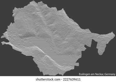 Topographic negative relief map of the city of ESSLINGEN AM NECKAR, GERMANY with white contour lines on dark gray background